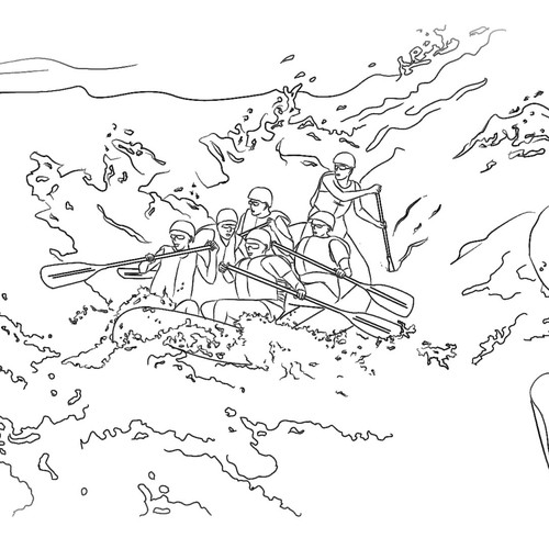 Create a line drawing of a river rafting scene | Other art or ...