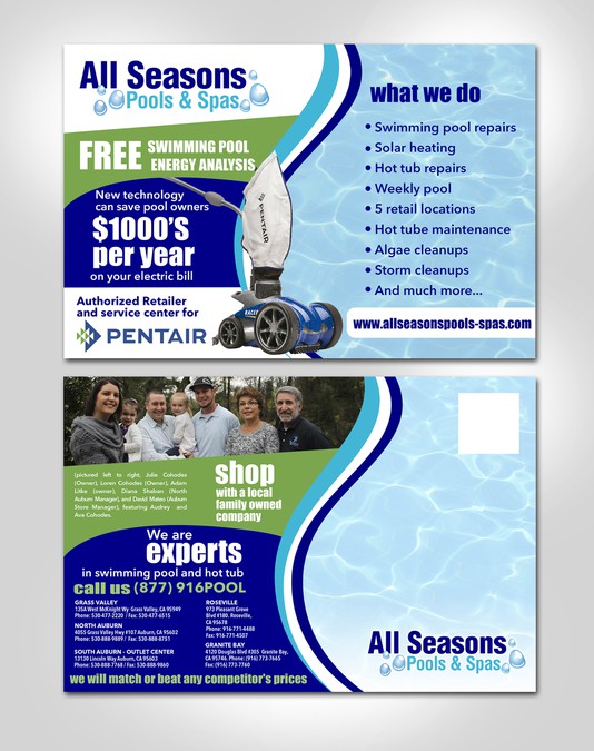 Postcard design for growing pool and hot tub company. All Seasons Pools