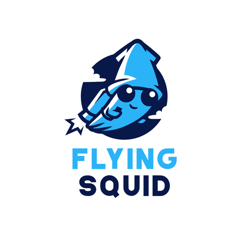 Logo of a squid wearing a jetpack for product named FlyingSquid Design by Rock N Draw