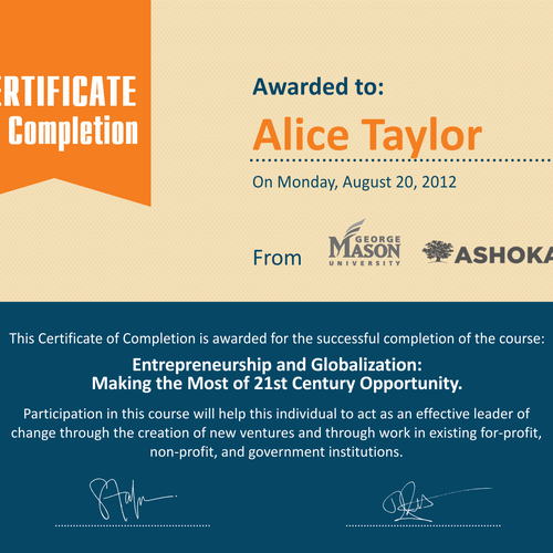 Ashoka U Online needs a new certificate of completion  Design by Ayra