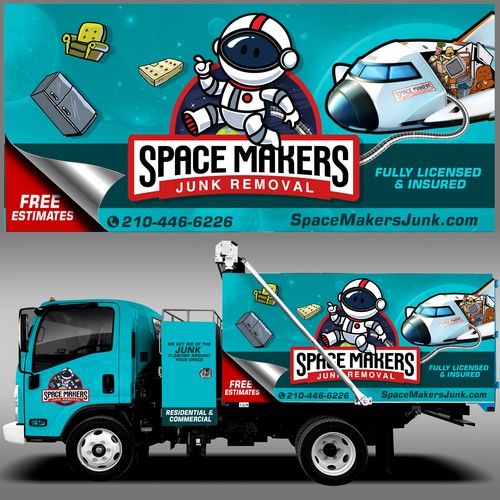 Fun and Catchy Junk Removal Service Truck Wrap - Space Theme Design by Lumina CreAtive