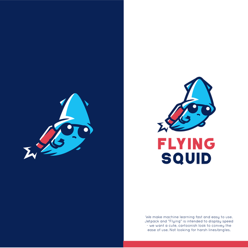 Logo of a squid wearing a jetpack for product named FlyingSquid Design by Rock N Draw