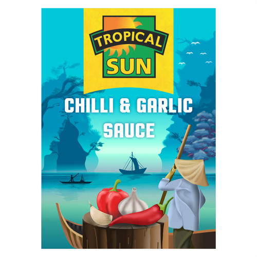 Tropical Sun Chilli & Garlic Sauce Label Digital Painting Design by azabumlirhaz