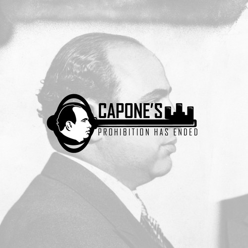 Design a prohibition style logo with a old key and al Capone face ( side view ) black and white Design by BRANDITU