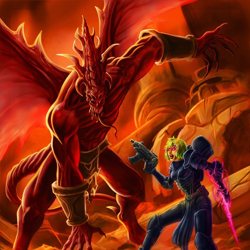Full page scene illustration for sci-fi fantasy crossover based on Warhammer 40K universe Ontwerp door m(e_e)m