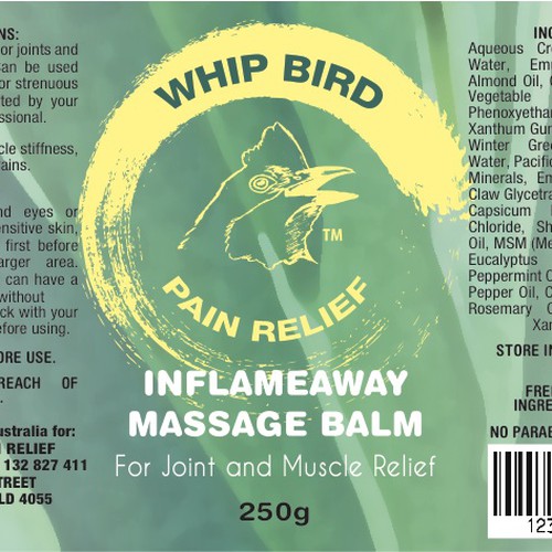 Create the next product label for Whipbird Pain Relief Pty Ltd Réalisé par epokope