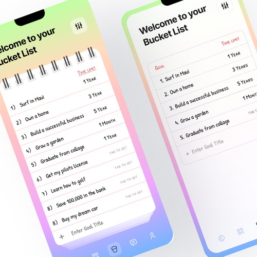 "Modern and appealing bucket list app design" Design by HM~
