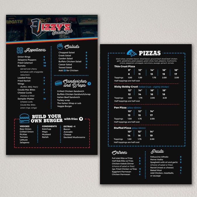 Create a simple yet striking Menu for our Arcade/restaurant/bar Menu