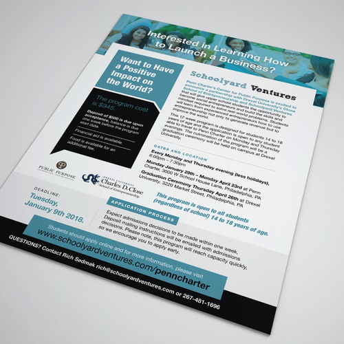 One page flyer for program that supports teen entrepreneurs Design by Sebastian Roy