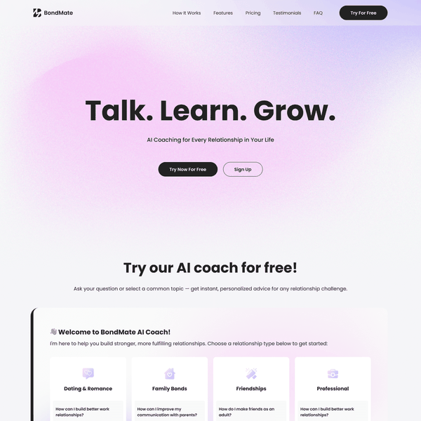 Design by Iryna Cherkova titled "Design a Unique, Story-Driven One-Page Website for BondMate — The AI Relationship Coach"