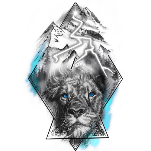 Designs Mountain, lion and a lightning tattoo (rightside shoulder to