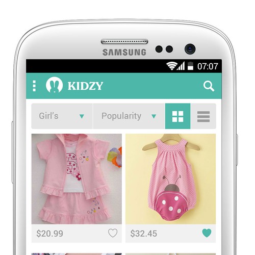 Mobile App Kidzy 2 simple screens + Logo. Design by Kei & Lou