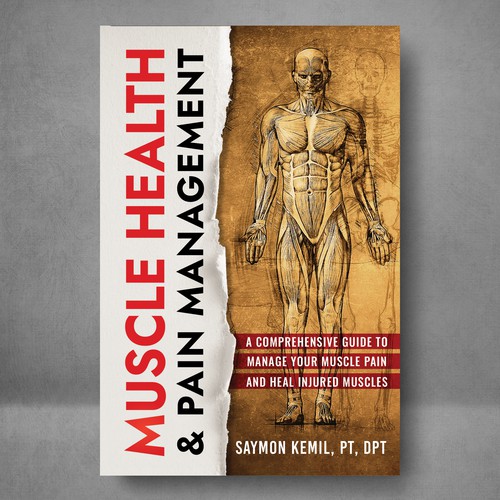 Book cover with a drawing images of the human anatomy combining muscles and bone structure. Design by Klassic Designs