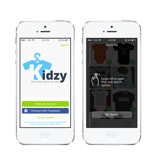Mobile App Kidzy 2 simple screens + Logo. Design by MegaOptimus