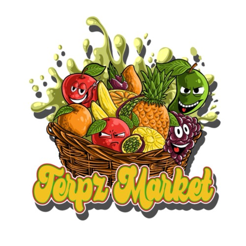 Design a fruit basket logo with faces on high terpene fruits for a cannabis company. Diseño de middleeye666