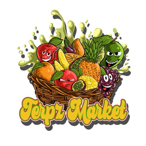 Design a fruit basket logo with faces on high terpene fruits for a cannabis company. Réalisé par middleeye666