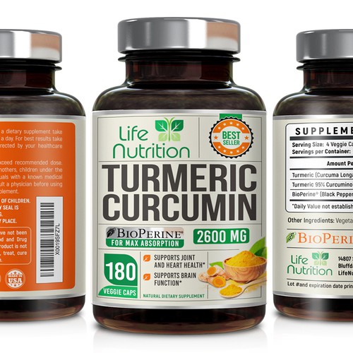 Life Nutrition needs a "beautiful label" for its Turmeric Extract bottle -  (Two (2) Winners will be awarded! ) Design by 18-Designs