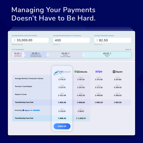 Design a landing page for a credit card processing comparison calculator. Design by Nash Radak