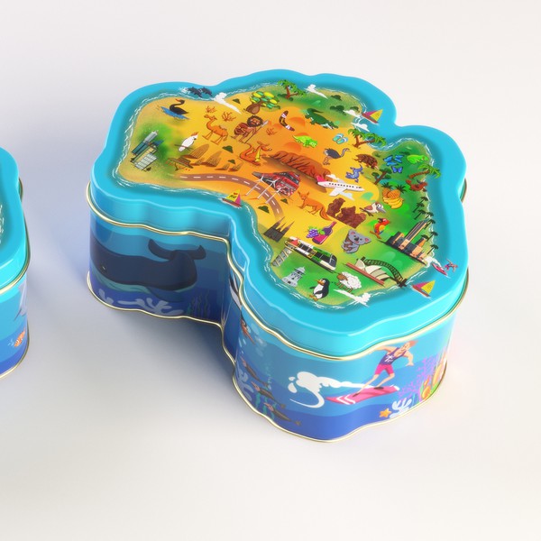 Design a fun image for an Australian shaped souvenir tin