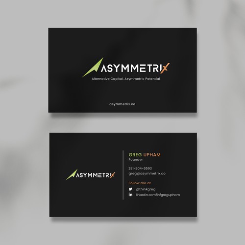 Design a cool, edgey but sophisticated business card for an alternative investment firm. Design von Saman Osama