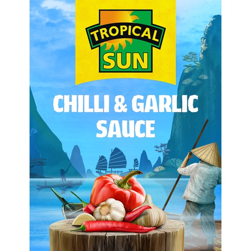 Tropical Sun Chilli & Garlic Sauce Label Digital Painting Design by thelembique