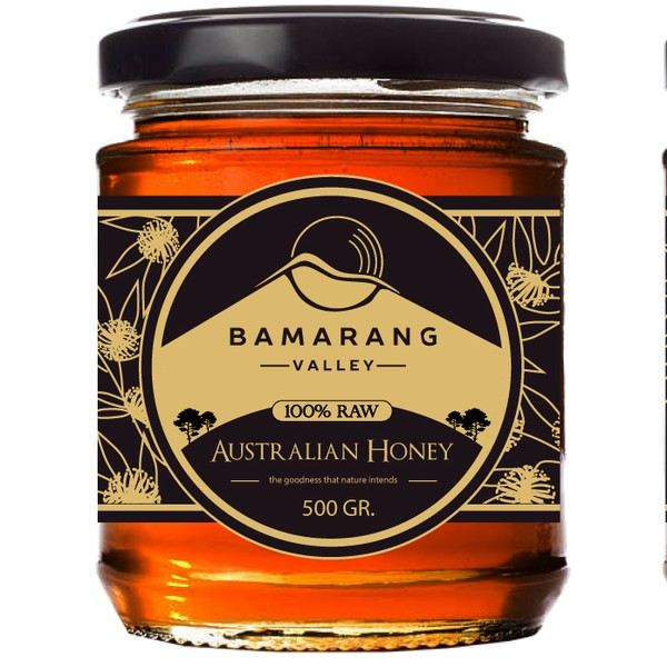 Design by Alex Dori titled "Bamarang Valley Organic Honey Label Design"