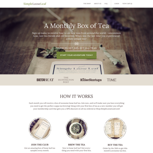 Landing Page/Subscription Signup Page for a Tea of the Month Subscription Box Design by KimKiyaa