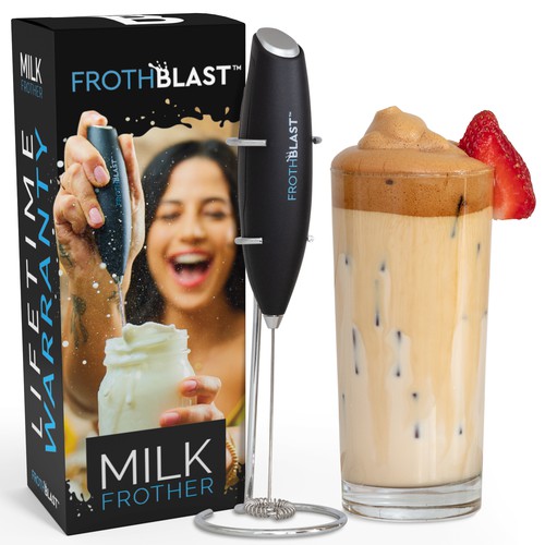 "Design a BOX design for MILK FROTHER  product" Diseño de interaksi