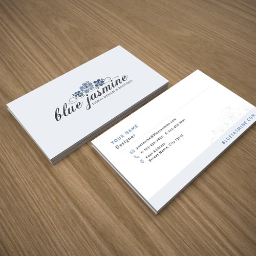 LOGO & BUSINESS CARD DESIGN FOR BLUE JASMINE LLC FLORAL DESIGN AND BOUTIQUE Design by Melanie Lauren