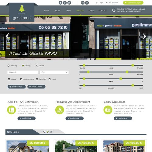 Design vincitore del contest "Créez le/la website design suivant(e) pour Real estate website" realizzato da Design di sito web