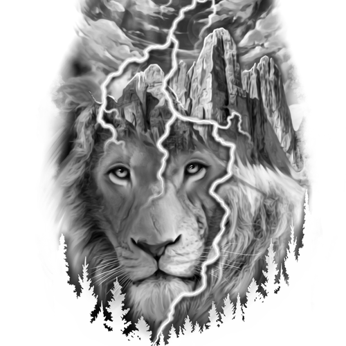 Mountain, lion and a lightning tattoo (right-side shoulder to arm) Design by Tattoodream