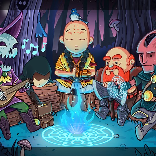 Cartoony illustration of Dungeons and Dragons group Design by Warlourd arts