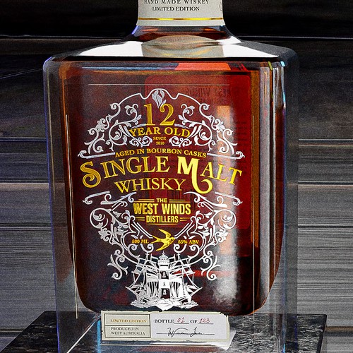 Premium Bottle Label for 12 Year Old Single Malt Bourbon Cask Whisky Design by Antidotooo™