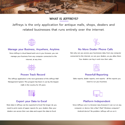 Design a landing page for an antique mall accounting system Landing