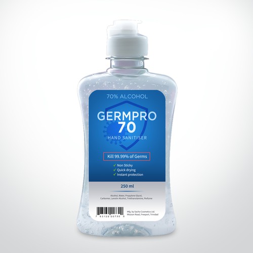 Design a Luxurious and Modern bottle label for Hand Sanitizer Product: GermPro 70!! Design by ag16