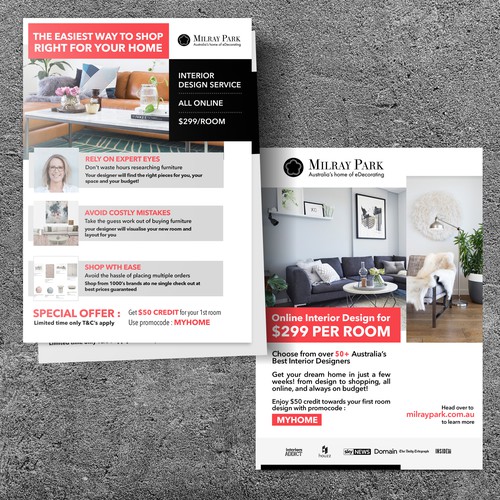 Design a mailbox flyer for an online interior design company Postcard