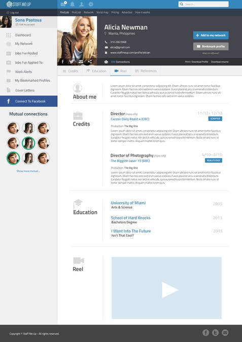 Profile Page Design for media job/hiring site staffmeup.com | Web page ...