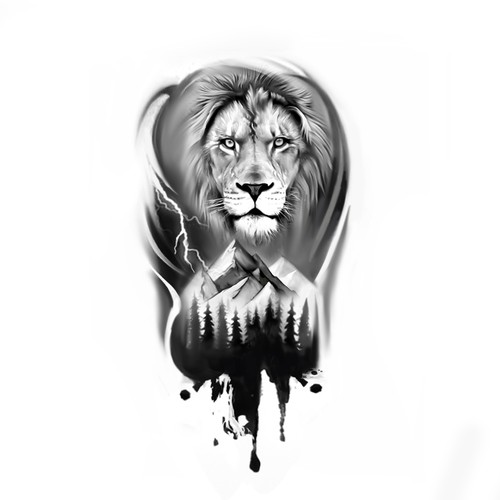 Mountain, lion and a lightning tattoo (right-side shoulder to arm) Design by LunaMia