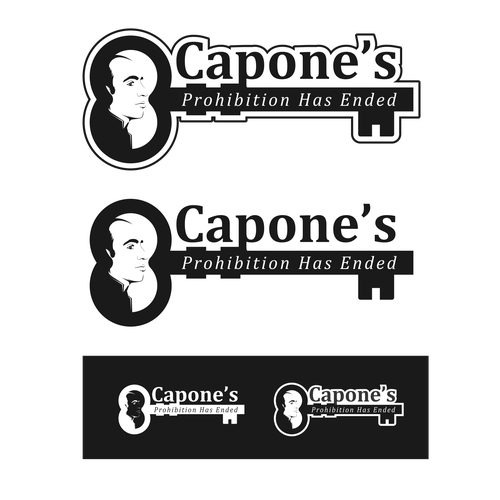 Design a prohibition style logo with a old key and al Capone face ( side view ) black and white Design by irawan inc