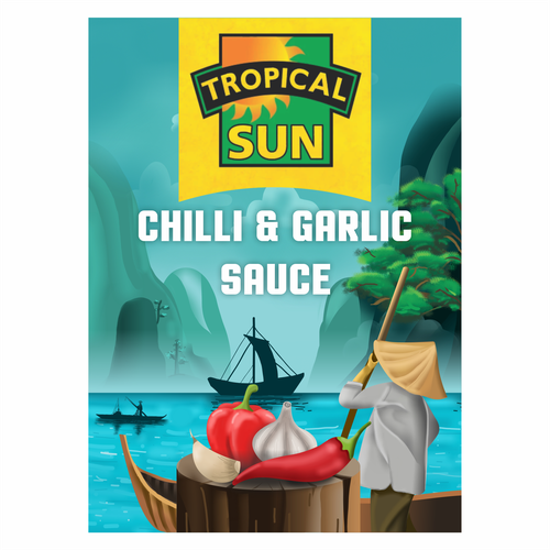 Tropical Sun Chilli & Garlic Sauce Label Digital Painting Design réalisé par azabumlirhaz