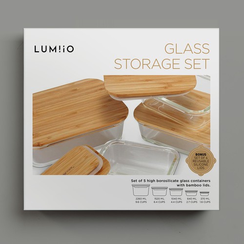 Glass Food Storage Containers with Lids (Bamboo) Set of 5. Bonus 6