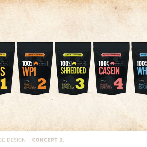 Aussie Nutrition supplement range needs new packaging! Design by Niccolo.design