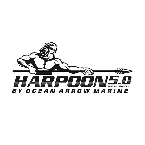 New boat brand logo incorparating King Neptune holding a harpoon with outstretched muscular arm Design by Denidon