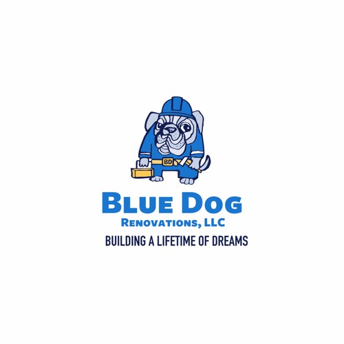 Design a company logo to reflect company name. A Blue Dog (Bulldog) With a hardhat, toolbelt w/cigar Design by apelsini