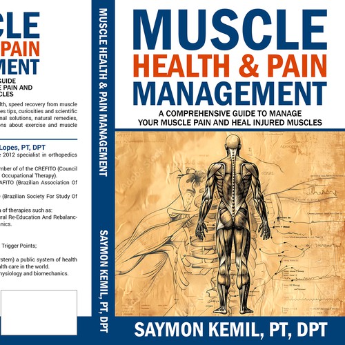 Book cover with a drawing images of the human anatomy combining muscles and bone structure. Design by Bigpoints