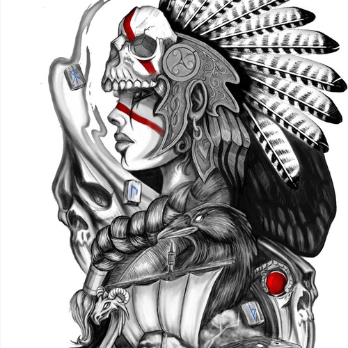 Girls full sleeve tattoo – norse mythology + gaming (god of war inspired) -  black & grey + accents, Tattoo contest