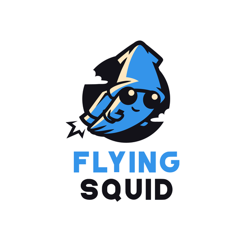 Logo of a squid wearing a jetpack for product named FlyingSquid Design by Rock N Draw
