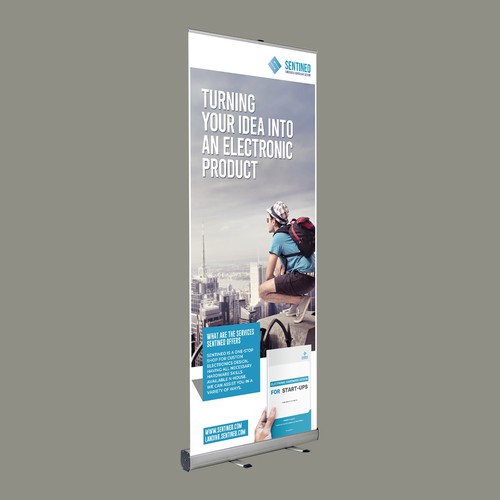 Design of a roll-up banner for a trade-fair introducing our Electronic Design Agency! Design by Creativity symbol