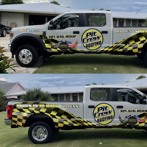 Vehicle Wrap Modification for a race car themed roofing company Design by theANUNGs