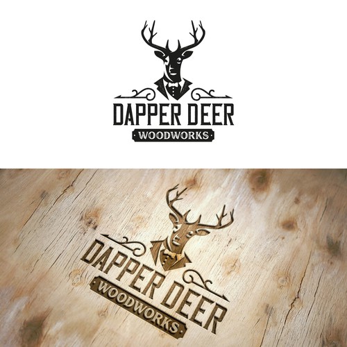 Vintage Dapper Deer logo for high-end woodworking. Design by creta